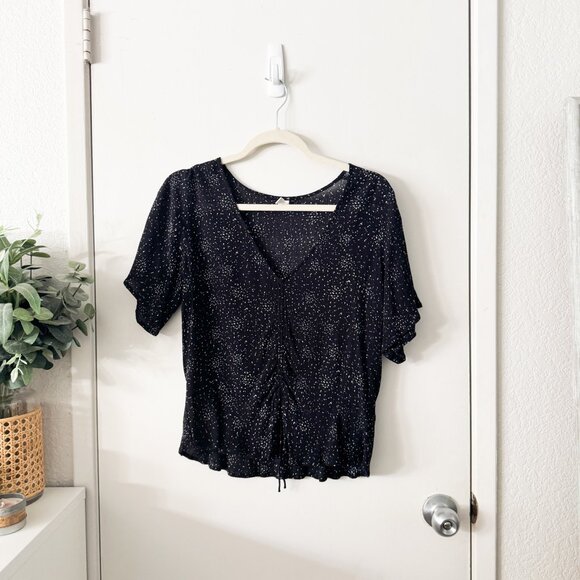☀️ GENTLE FAWN Black Scrunch Printed V Neck Top Blouse Size Small Cute Boho - Picture 1 of 7